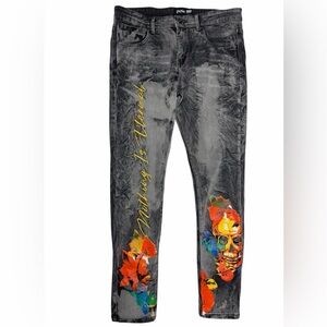 34x32 Motive Denim Nothing Is Eternal Skull Jeans Acid Wash Black Streetwear